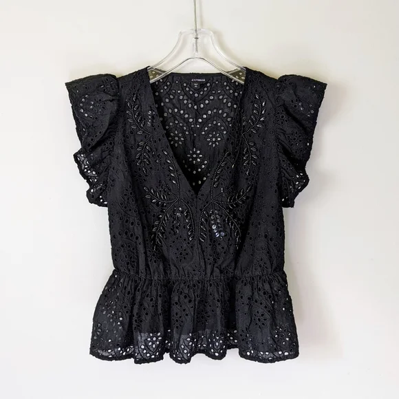Express Eyelet Lace Beaded Summer V Neck Blouse - Picture 1 of 4